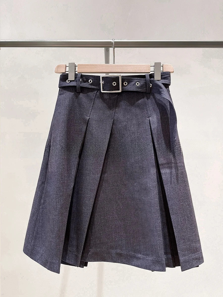 

Весна 2024, юбка трапециевидной формы с высокой талией и квадратным синим поясом, lectual Ci Commute, сложенный дизайн из полиэфирного волокна