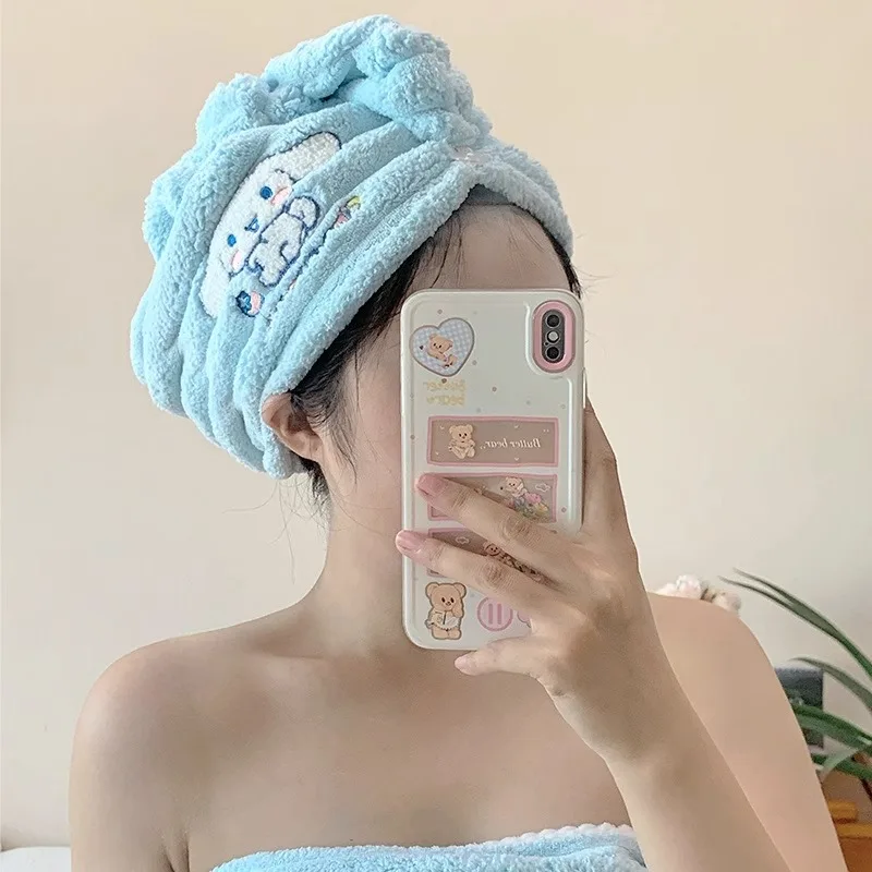 New Sanrio Genuine Cute Cartoon Dry Hair Cap Coral Velvet Cinnamoroll Kuromi Hello Kitty Hair Absorbent Towel Home Goodies