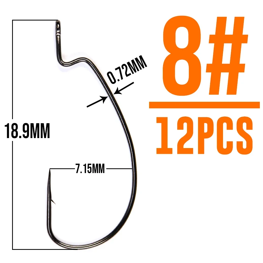 B&U Thin Wire Offset EWG Worm Hook mit großen Ringen, Kurbelhaken aus Kohlenstoffstahl, Angelzubehör für Soft Lure Tackle, 12 Stück