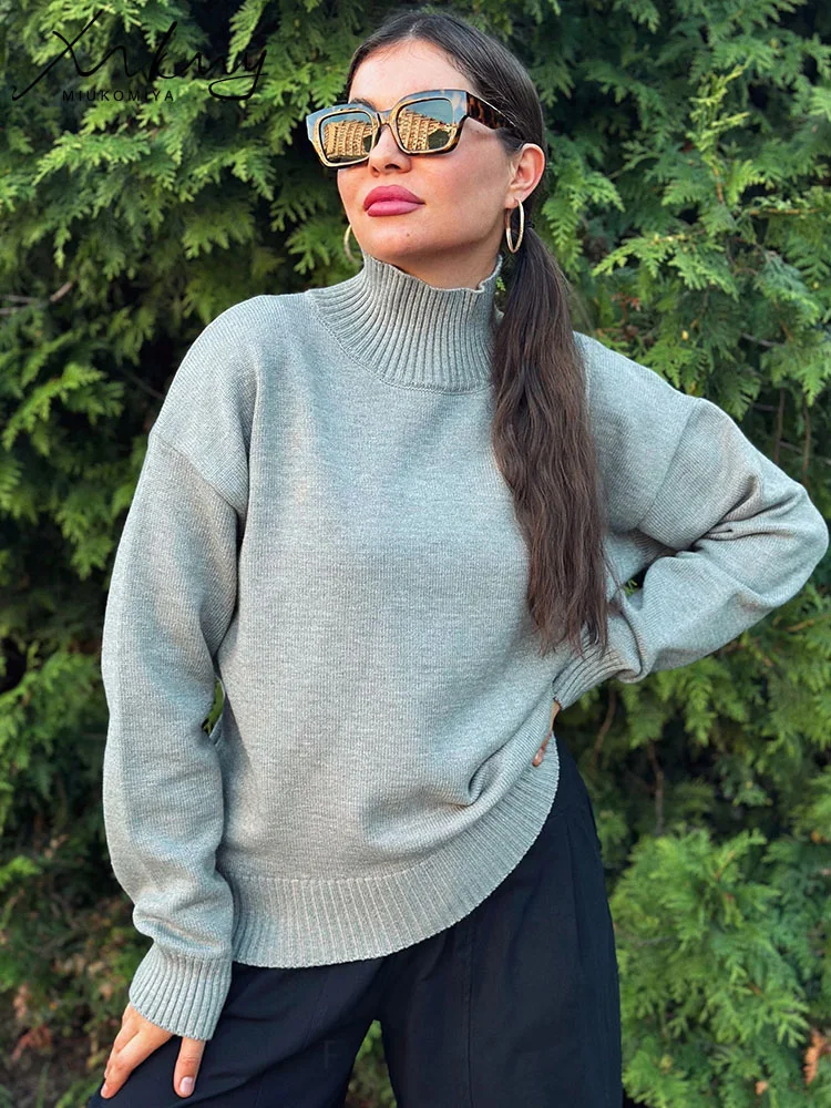

Fall Black Turtleneck Sweater Women Oversize Warm Knit Pullovers White Basic Knitwear Loose Gray Turtle Neck Sweater For Women