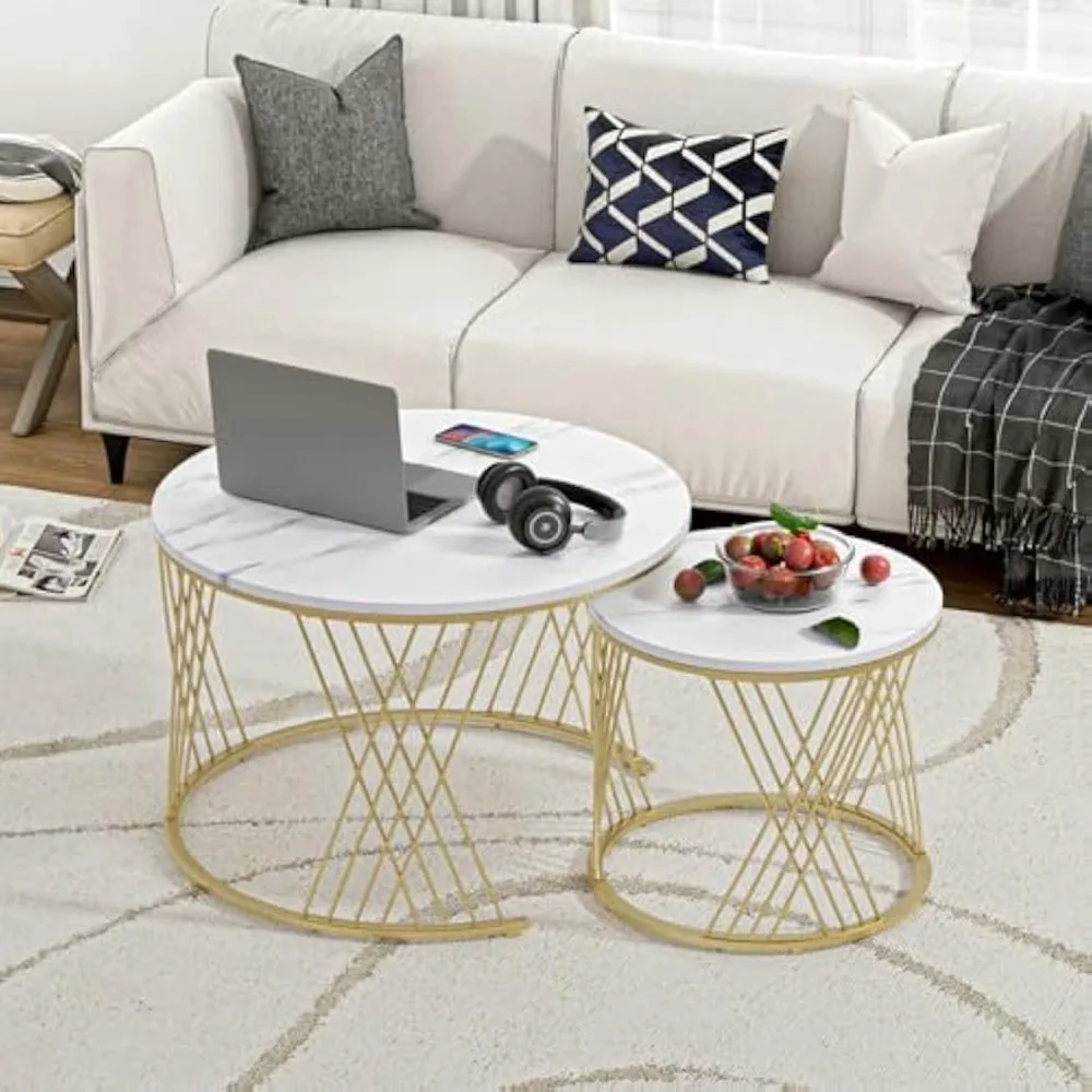 Giluta Round Coffee Table Set of 2, Modern Coffee Tables for Living Room, Faux Marble Center Table, Nesting Coffee Table Simple