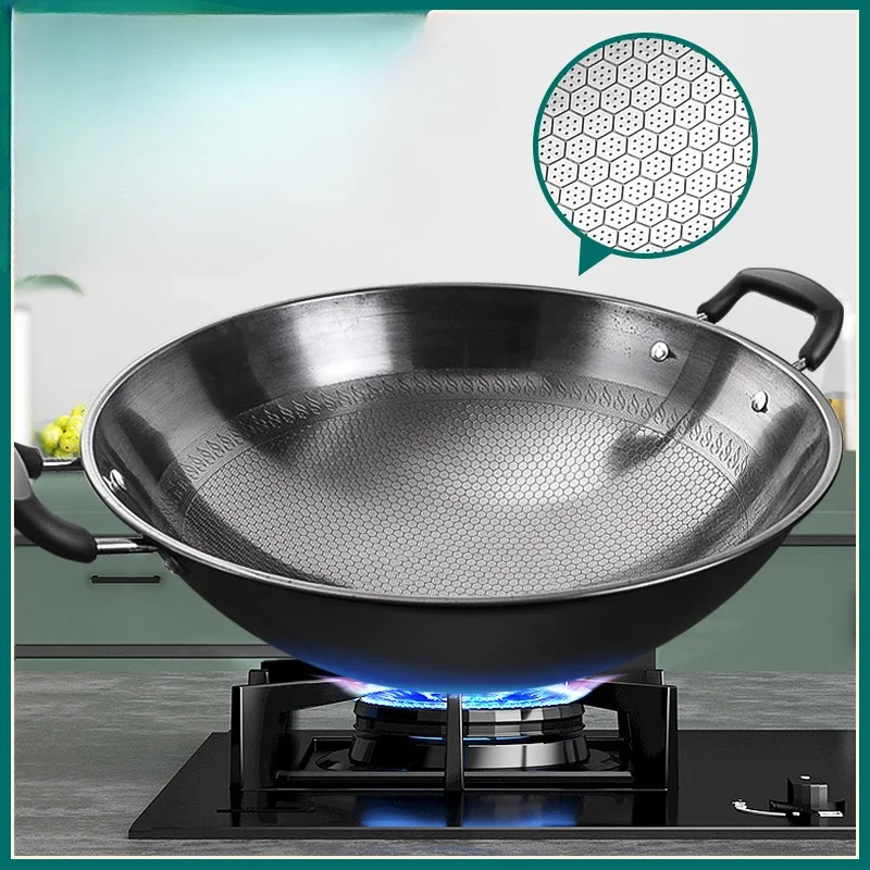 German Wok Honeycomb Non-Stick Pan Double-Ear Large Iron Pan Frying Pan Household round Bottom Non-Coated Non-Rust Gas Stove