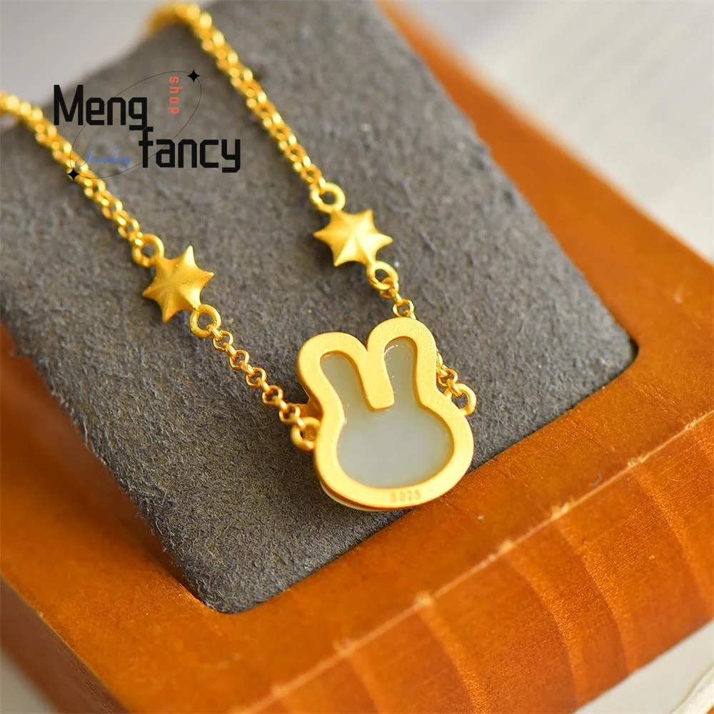 S925 Silver Natural Hetian Jade Rabbit Exquisite Elegant Simple High-grade Bracelet Luxury Fashion Jewelry Couple Holiday Gifts