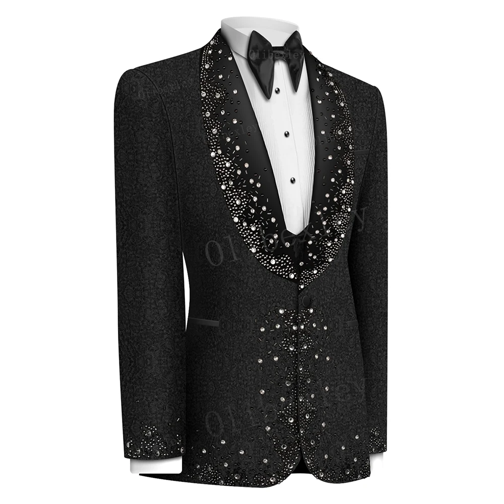 

Luxury Mens 2 Piece Suit Beaded Crystals One Button Slim Fit Customized Lapel Tuxedos For Wedding Groom Business Dinner Prom