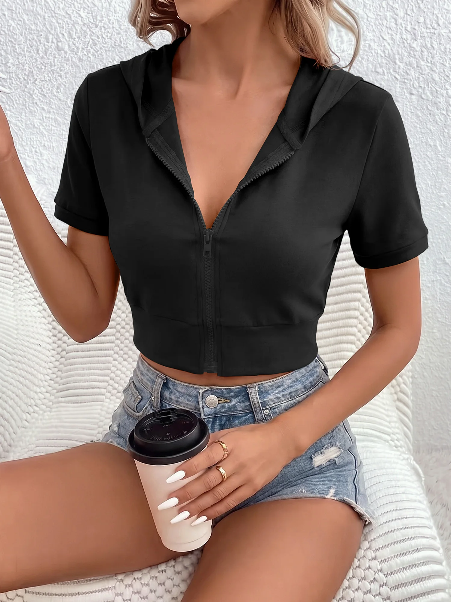 Women Streetwear Cropped Hooded Top Full Zipper Short Sleeve Slim Bodycon Gym Workout Sweatshirt Tee