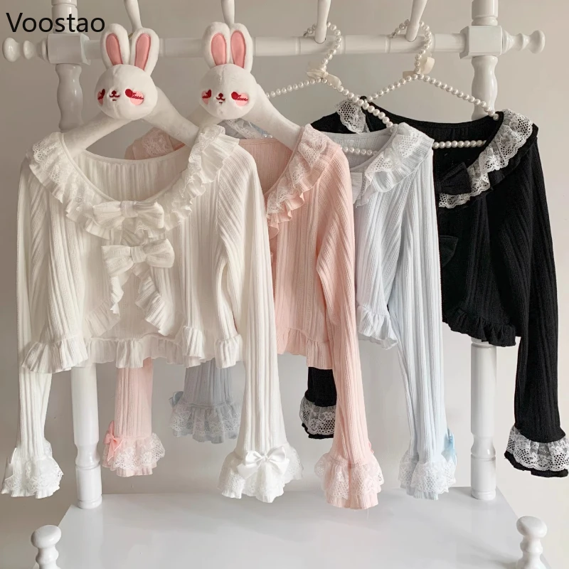 

Японский вязаный кардиган в стиле кавайной Лолиты Y2k, женские милые кружевные укороченные пальто с оборками и длинными рукавами и бантом, милые топы принцессы для девочек