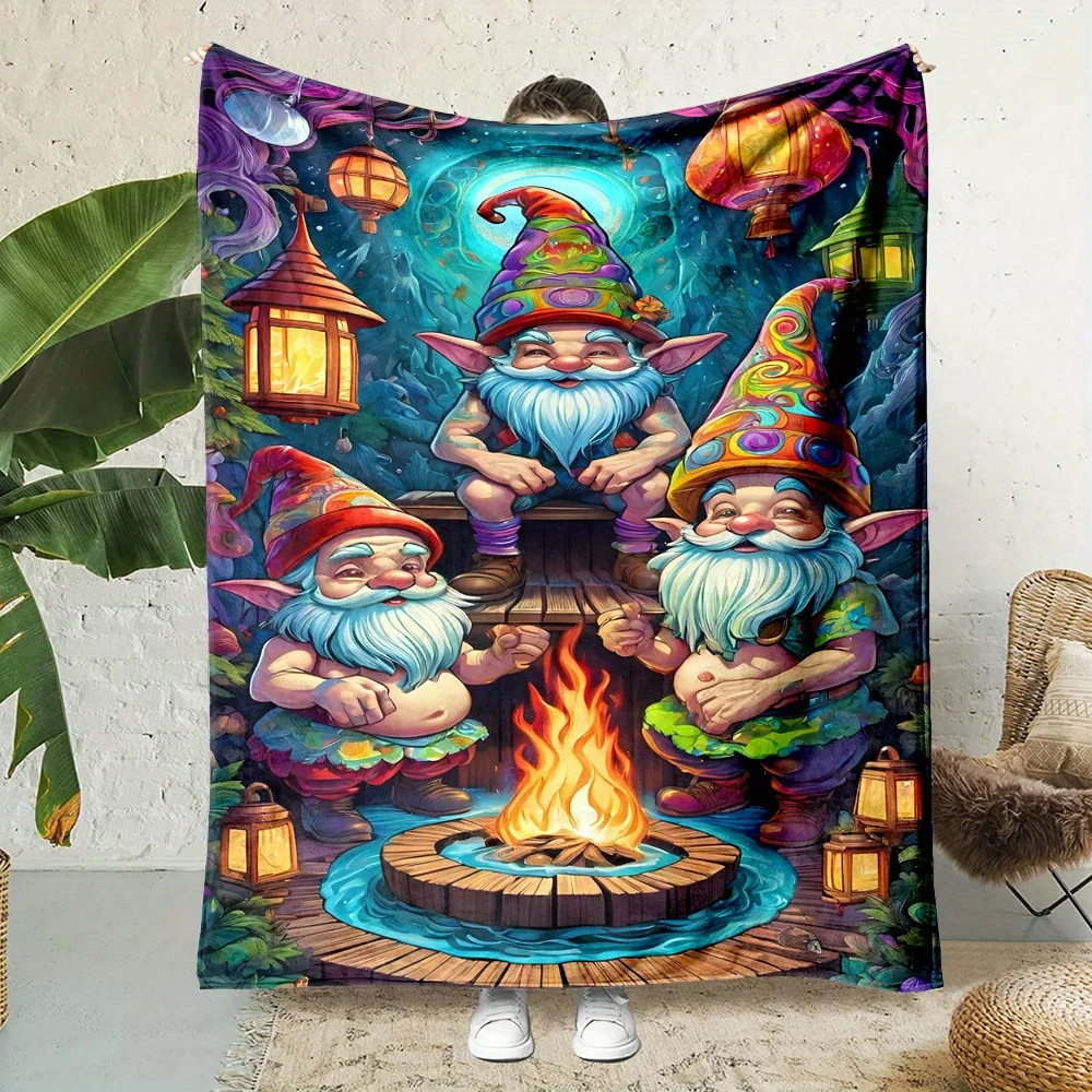 Colorful Three Garden Gnomes Campfire Lantern Fantasy Forest Print Soft Flannel Blanket Holiday Throw for Sofa Bedroom Home Use