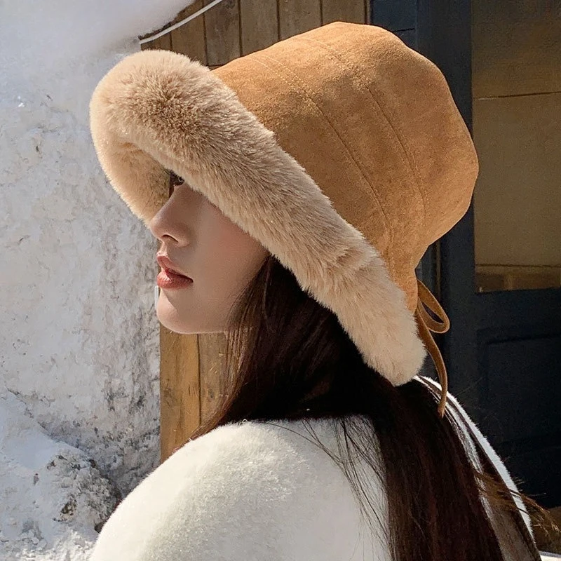 Foreign Gas Thickened and Showed A Small Face Plush Fisherman Hat New Ear Protector Basin Hat Versatile Pullover Hat