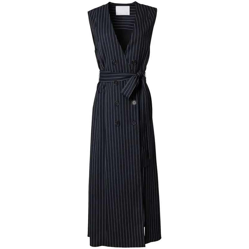 

Women's Stripe V-Neck Sleeveless Dress, Double Breasted Dresses with Belt, New Fashion, 70612