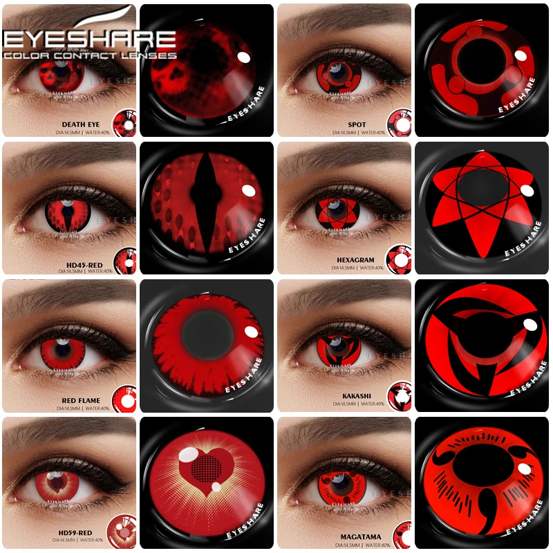 EYESHARE 2 Stück farbige Kontaktlinsen für Augen, Anime, Cosplay, Linsen, rote Augenkontakt, Schönheit, Make-up, jährliche Schüler, Halloween, 14,5 mm