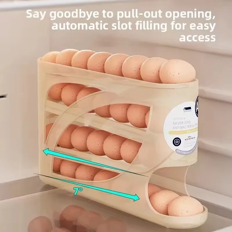 4-Tier Rolling Egg Storage Container for Refrigerator Holds 30 Eggs Organizer Fridge Storage Box & Kitchen Rack Large Capacity