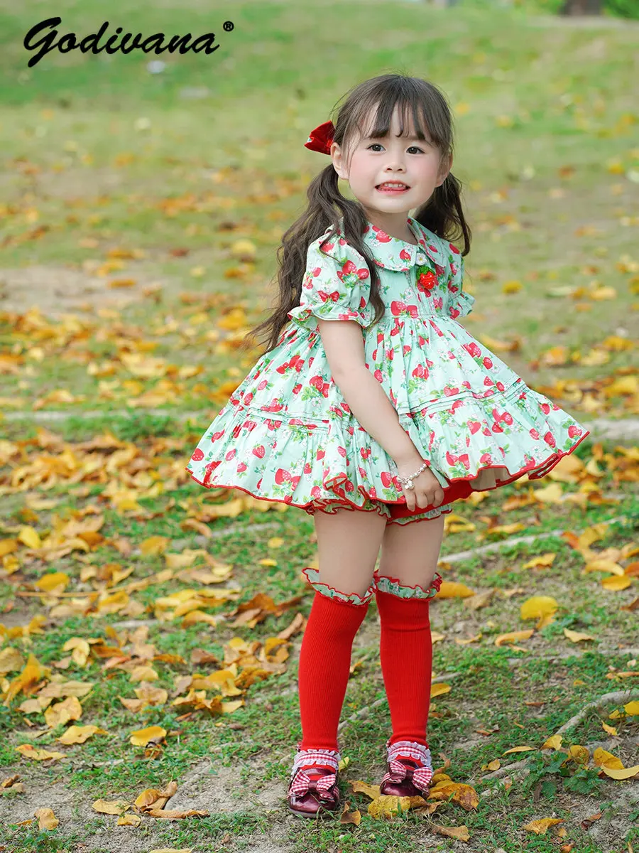 Original Little Girls Summer New Strawberry Dress Set Baby Kids Fashion Doll Collar Birthday Party Princess Cake Fluffy Gown