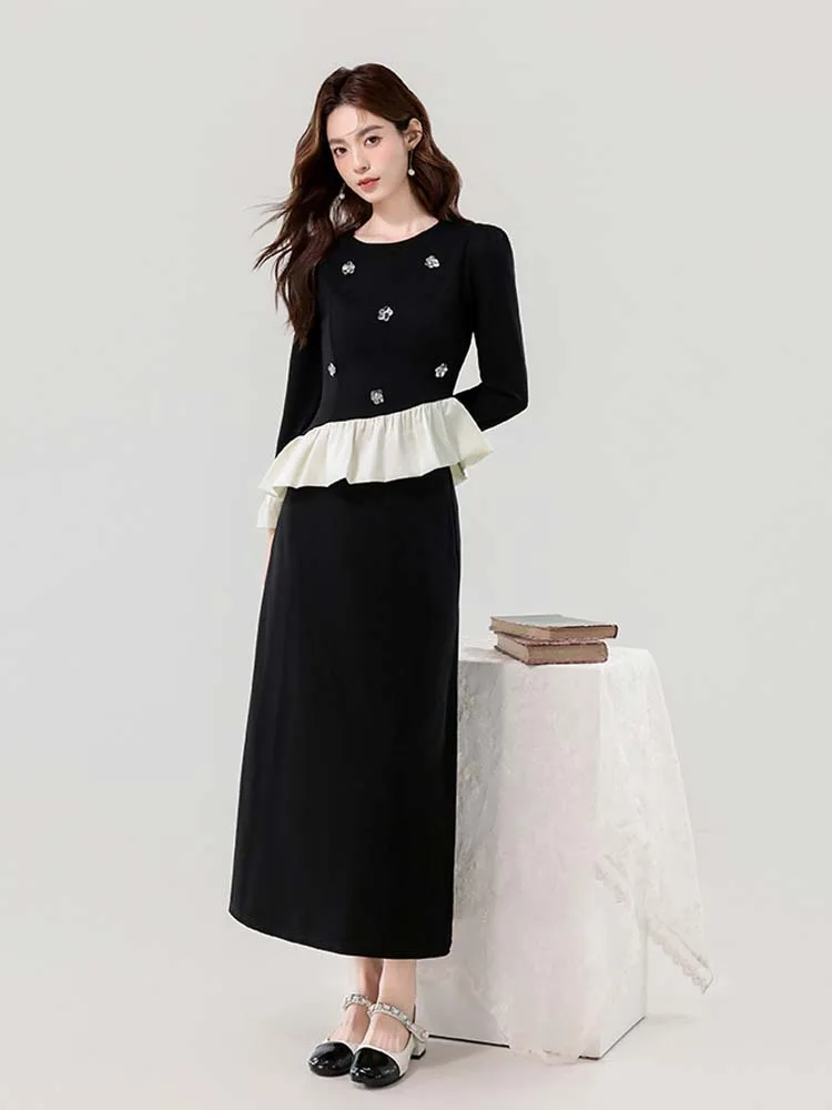 Ensemble 2 pièces élégant à paillettes florales pour femmes, nouvelle collection 2026, hauts patchwork à volants irréguliers et jupe Midi INKEO 5D256