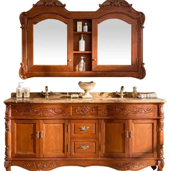 European Bathroom Cabinet Red Oak Mirror Cabinet Open Paint Wash Basin Cabinet Antique Floor Double Basin Bathroom