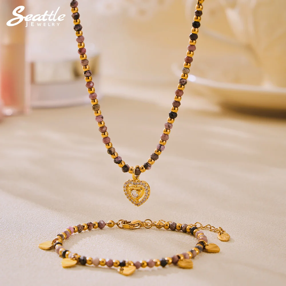 

Stainless Steel Natural Stone Beaded Chain Bracelet Shiny Zirconia Heart Pendant Necklace Set Ladies Luxury Bangle Jewellery