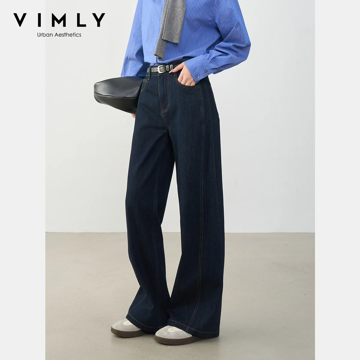 VIMLY الأزرق الداكن الدنيم امرأة السراويل خريف 2025 جديد الملابس خمر جيوب منتصف الخصر فضفاض الإناث السراويل ملابس حريمي 75125