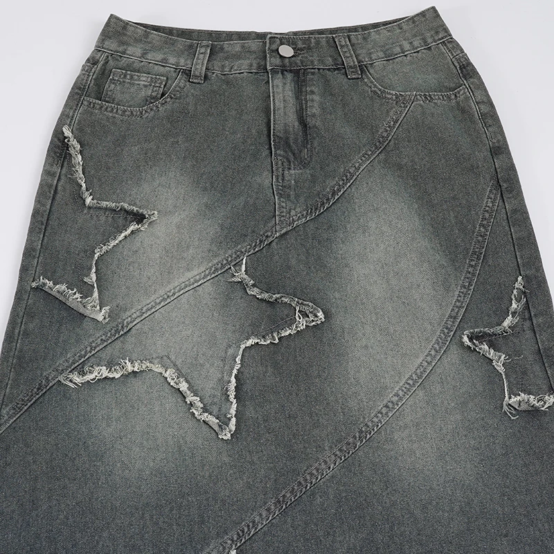 SUCHCUTE Y2k Patchwork Denim Langer Rock für Damen, Retro Slim Fit, zerrissener Mid-Waist-Meerjungfrauenrock, modischer unregelmäßiger Rock mit Quasten – Detail 7