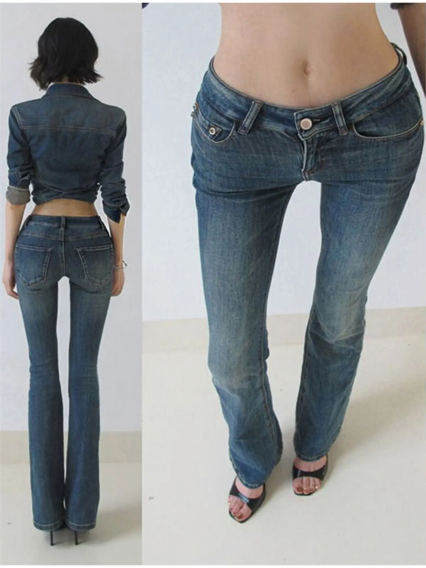 Low Waist Bell Bottom Jeans Women's Summer Fashionable Small Size Flared Long Pants Ripped Cotton Stretch Denim Blue Jeans