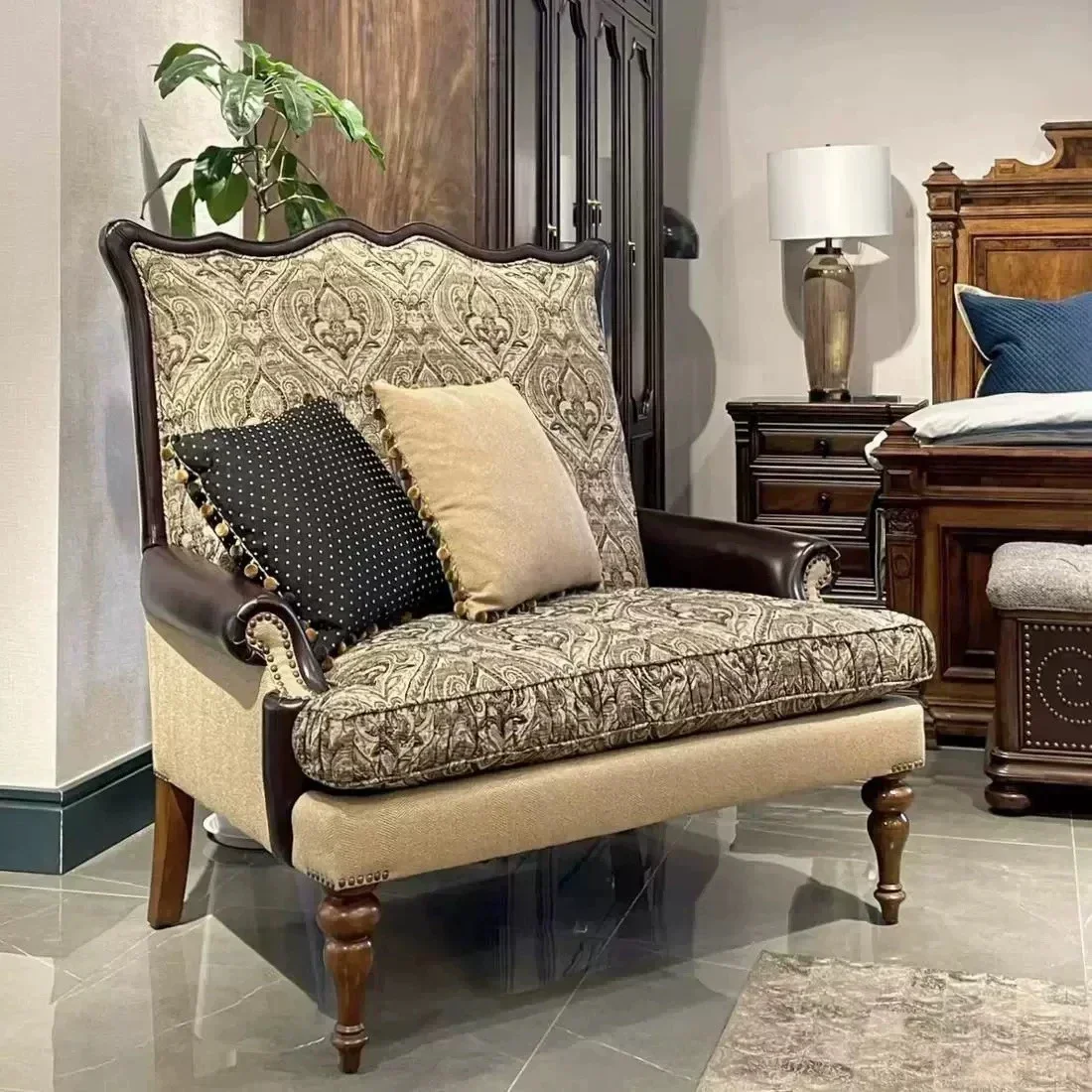 Spot American solid wood leather cloth high back sofa retro living room embroidery cloth chair