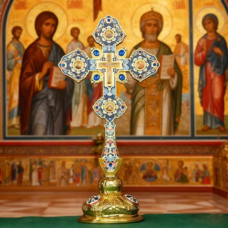 New 2026 Orthodox Church Crucifix Gold Plated with Multicolored Enamel Easter exquisite Cross Altar Cross Jesus Icon With Gift