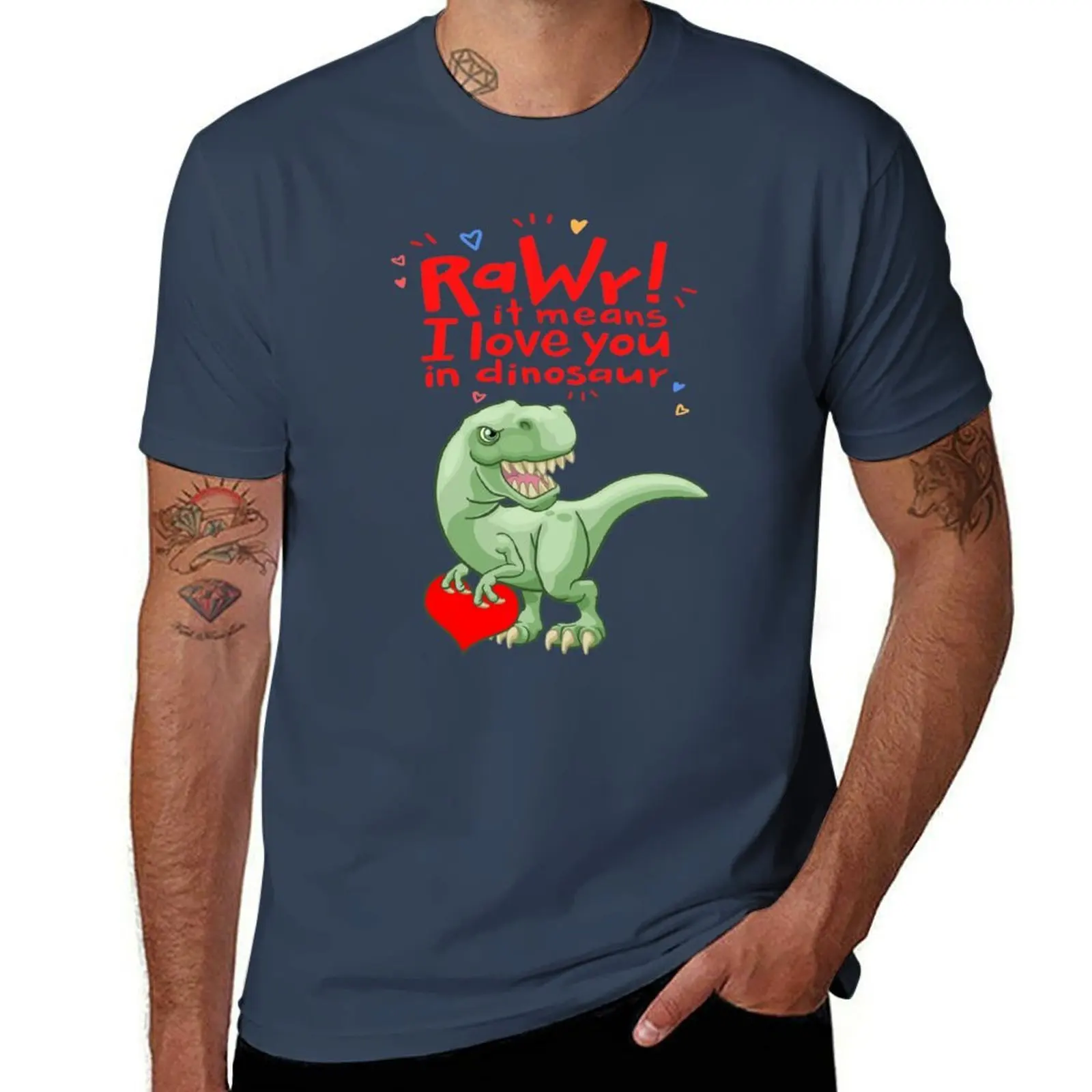 Rawr يعني أنا أحبك في ديناصور عيد الحب تي شيرت رجالي جرافيك تي شيرت تي شيرت للرجل القطن الناعم تي شيرت
