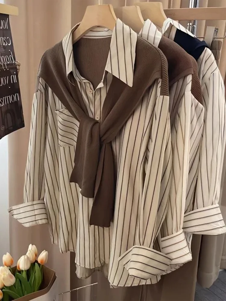 

Fashionable Striped Long Sleeve Shirt Women's Loose Fit Korean Style Spring Autumn New Arrival plus Size Collar Button down