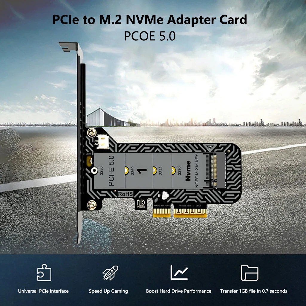 

Адаптерная карта PCIe 5.0 x4 для M.2 NVMe с LED-индикатором, поддержка SSD M-Key 2230/2242/2260/2280, полноскоростная карта расширения PCI-E 5.0