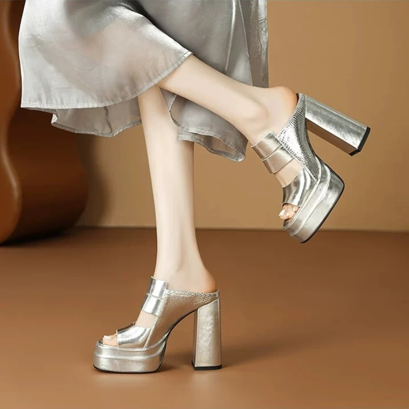 

New Summer 12 cm Chunky Super High Heels Women Slippers Fashion Platform Peep Toe Sandals Nightclub Party Female Shoes