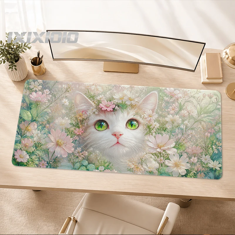 Mouse Pad Gamer Floral White Cat printon demand Custom HD New Mousepad XXL Desk Mats Non-Slip Office Mice Pad