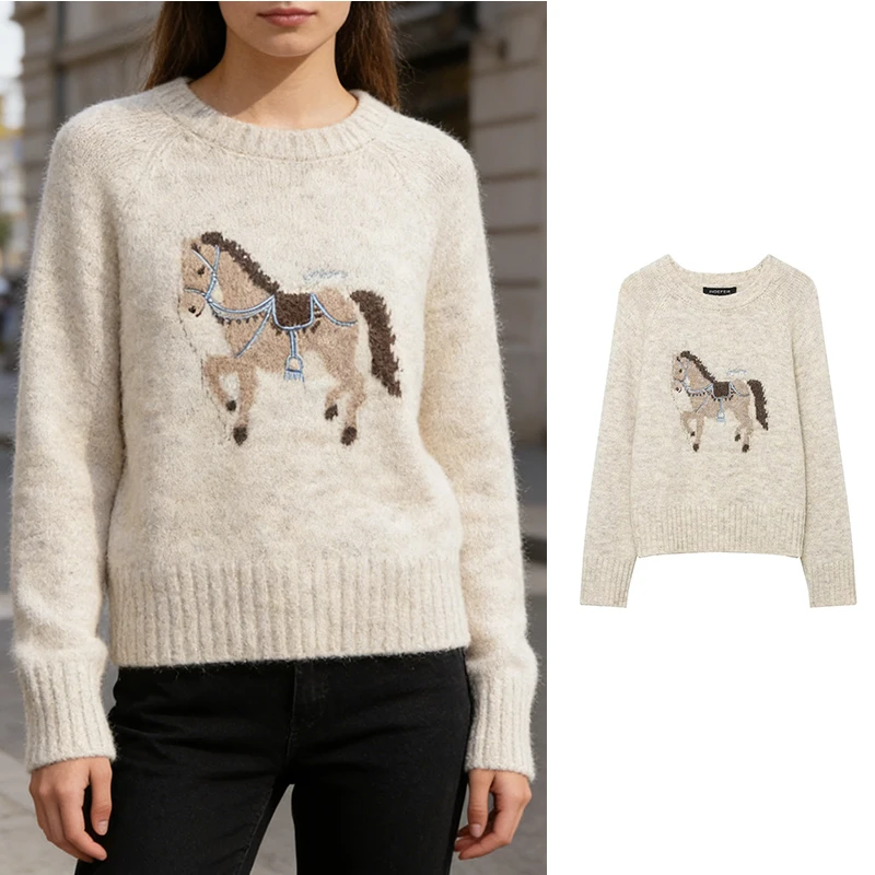 

Женский вязаный свитер с круглым вырезом — милый пуловер с длинными рукавами с рисунком лошади (бежевый), модный и универсальный стиль