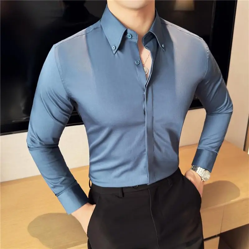 High Quality Bamboo Fiber Fabric Men's Shirt Fashion Big Collar Men Plain Color Business Formal Wear Slim Fit Prom Tuxedo 4XL-M