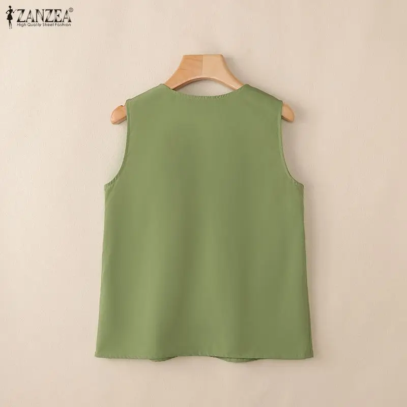 ZANZEA Summer Sleeveless Tanks Tops Stylish Women V Neck Camis Elegant Lace Patchwork Holiday Blouse Casual Loose Beach Tees