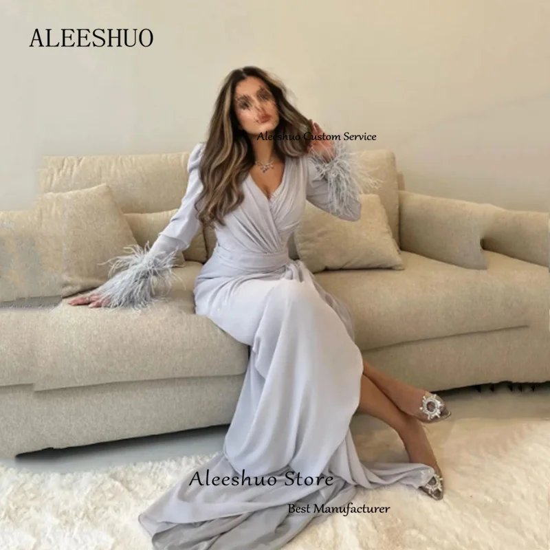 Aleeshuo Sexy V-neck Mermaid Prom Dresse Feathers Pleat Long Sleeves High Slit Evening Dress Dubai Formal Gown فساتين سهره فاخره