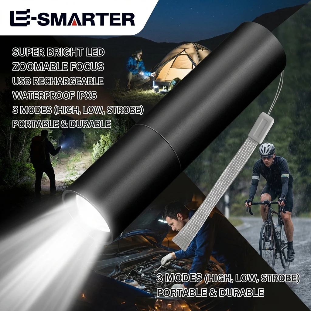 3 Light Mode Torch USB Rechargable Mini Telescopic Zoom Flashlight Waterproof Powerful Flashlights Outdoor Portable Torch Lamp