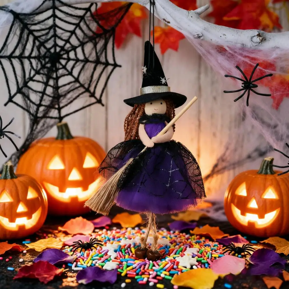 Halloween Party Decorations Reusable Halloween Decor Halloween Witch Doll with Broom Small Hanging Witch Figurine for Haunted