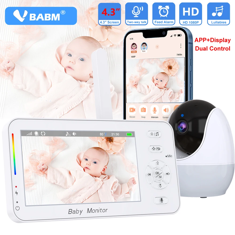 

1080P Wi-Fi радионяня, приложение для телефона, удаленный просмотр, 4,3 дюйма, ночник для няни, двустороннее ночное видение, колыбельные, монитор температуры, камера