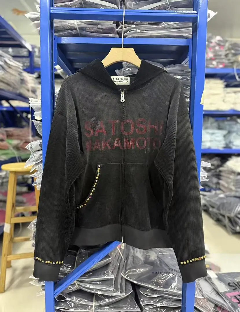 2027SS SATOSHI NAKAMOTO Printed Distressed Rivet Washed Women Men Zip-up Hoodies Vintage Jacket Oversized Men Cotton Hoodie
