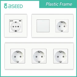 BSEED Light Switch With EU Wall Sockets Home Wall Switches 1/2/3Gang 1Way Backlight Plastic Frame Panel USB Charge Wall Sockets