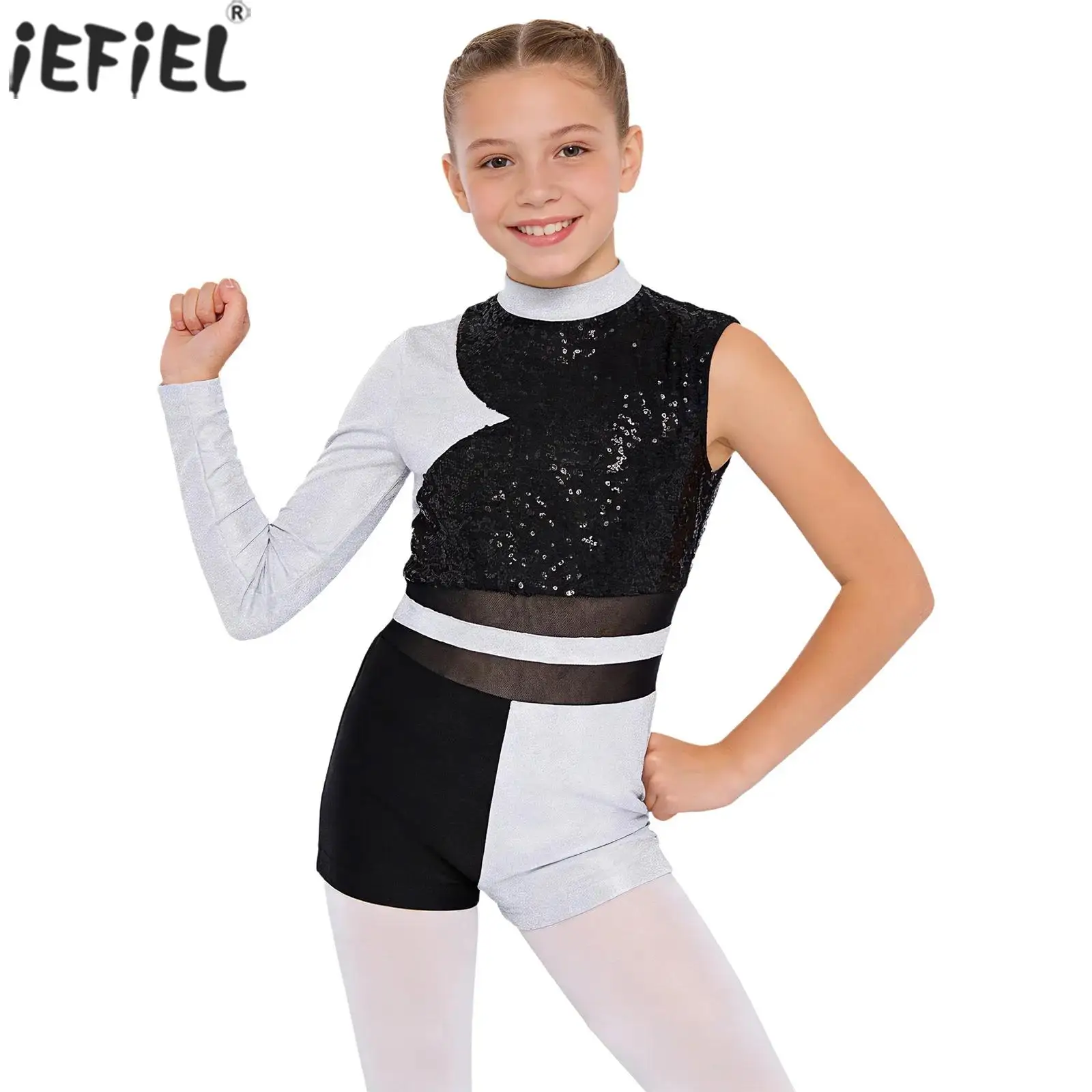 Kids Girls Ballet Dance Leotard Figure Skating Gymnastics Performance Costume Metallic One-shoulder Glittery Sequins Jumpsuit