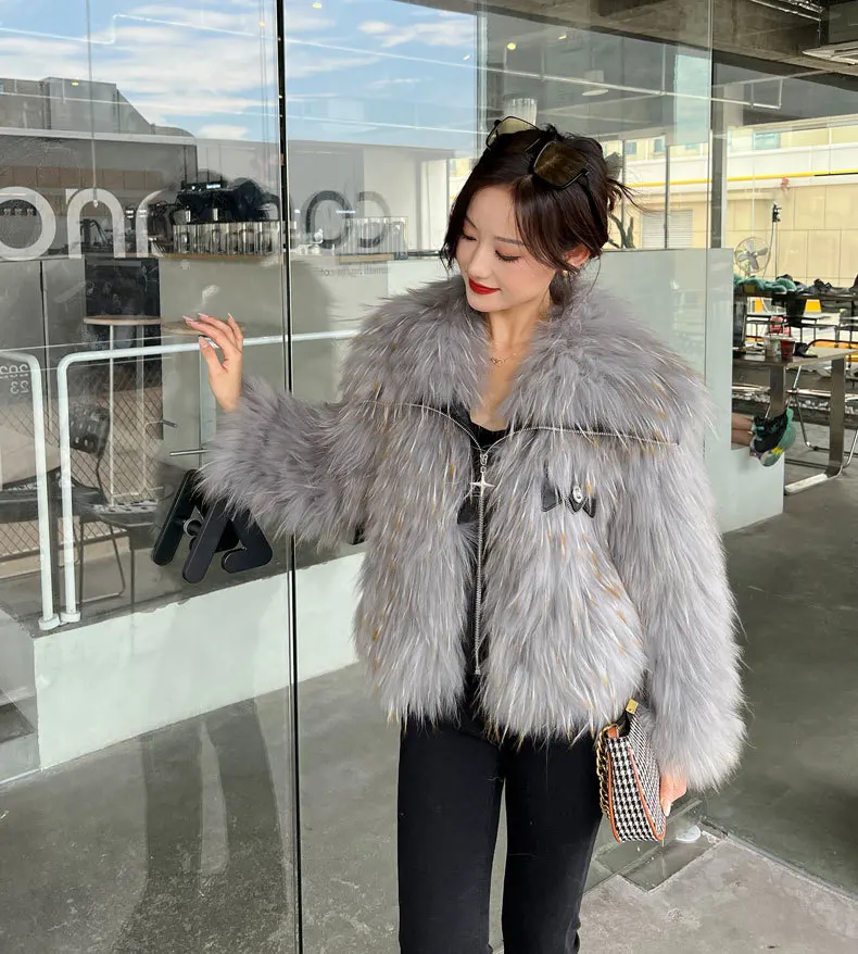 

New raccoon fur car strip fur coat for women's short style