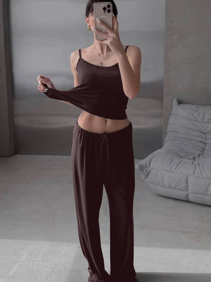 

Marthaqiqi Casual Ladies Nightwear Set Tank Top Pajamas Spaghetti Strap Sleepwear Crop Top Nightie Pants Female Nightgowns Suit