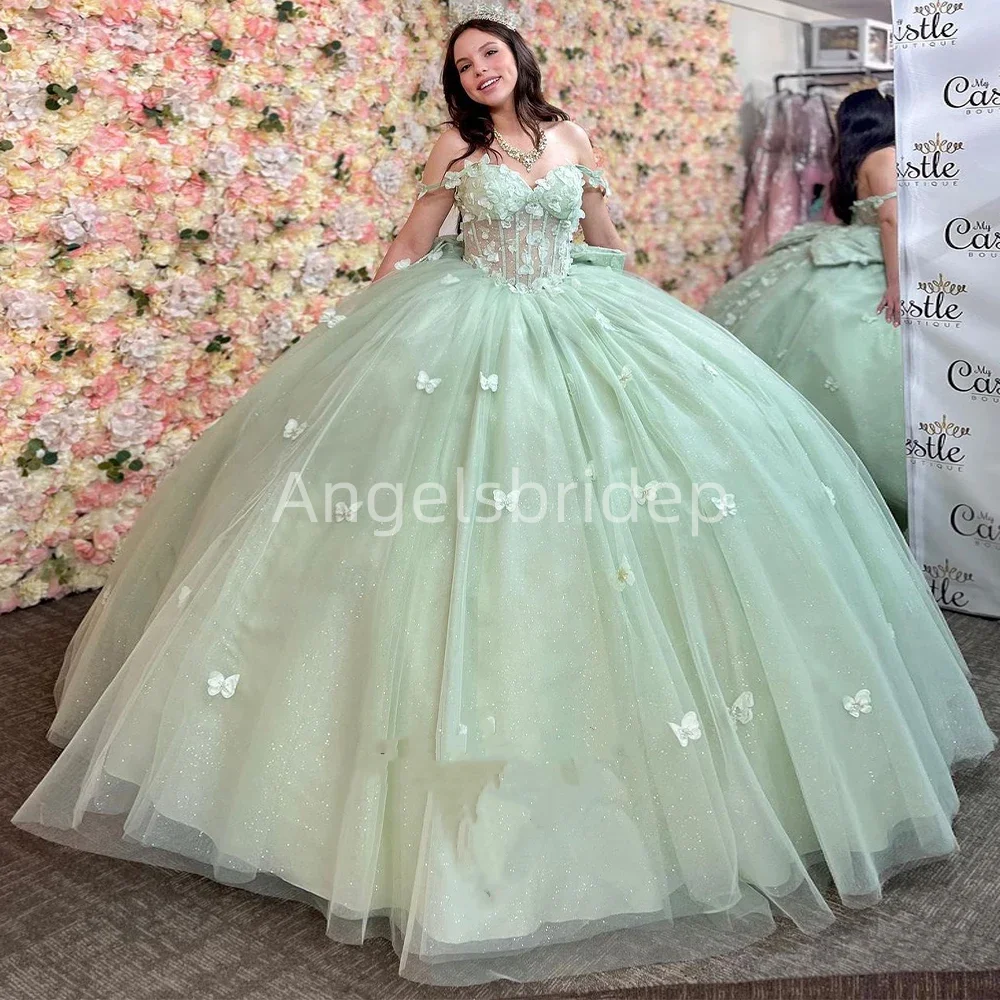 

Angelsbridep Spaghetti Straps Mint Green Ball Gown 15 Quinceanera Dress Brithday Evening Dresses Vestidos De Fiesta With Bow