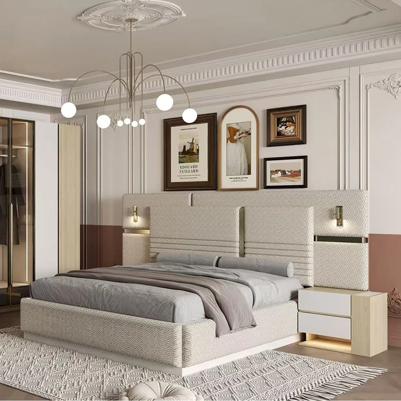 

&European Modern Wooden Bed Nightstand Soft Upholstered Large Luxury Home Bedroom Furniture Set