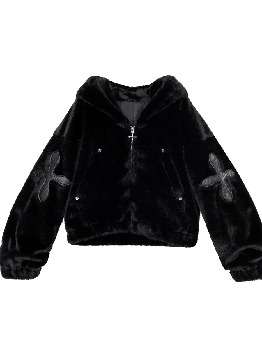 

Lautaro Autumn Winter Short Loose Luxury Soft Thick Warm White Faux Fur Coat Women with Hood Zipper Black Emo Fluffy Jacket 2025