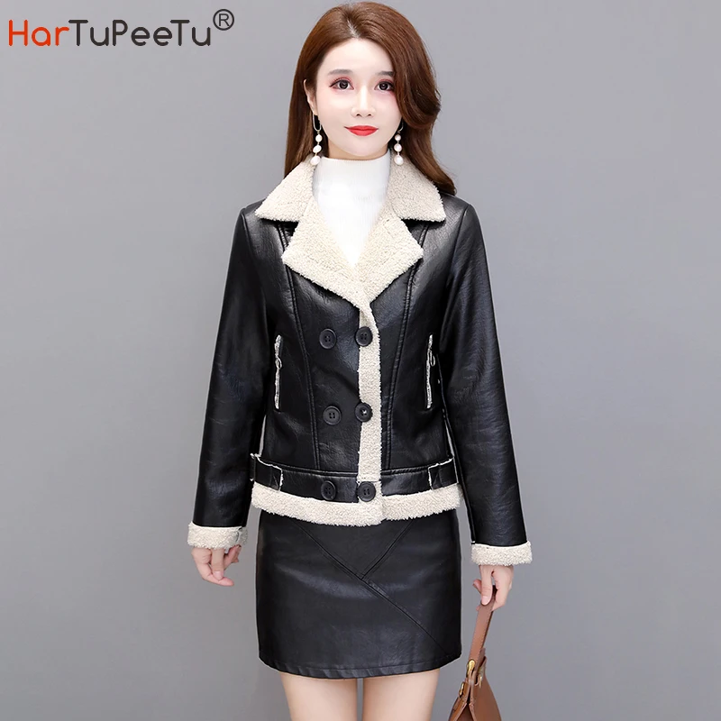 

Women Winter Leather Jacket with Fur Shearling Warm Coat 2023 New Thick PU Slim Fit Business Work Short Top