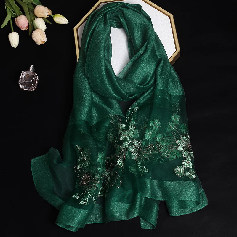 2024 Luxury Silk Shawl Scarf for Women Design Embroidery Flowers Hijab Wraps Bufandas Female Headkerchief Fouloud Echarpe