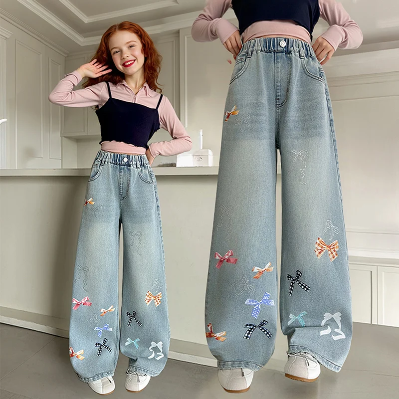 Girls jeans printed bow wide leg pants 2026 spring and autumn new fashion printed fashion straight pants suitable for children a
