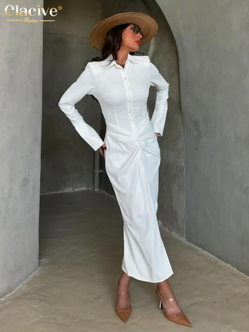 

Clacive Fashion Loose White Women's Dress 2026 Casual Lapel Long Sleeve Ankle Length Dresses Elegant Classic Solid Female Dress