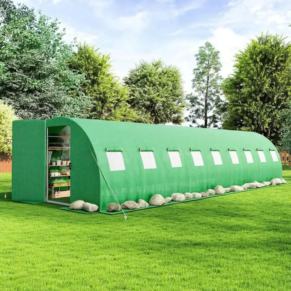 30ft x 10ft Greenhouse with Sprinkler System, Heavy-Duty Galvanized Steel Frame & Waterproof PE Cover, Ideal for Backyard Garden