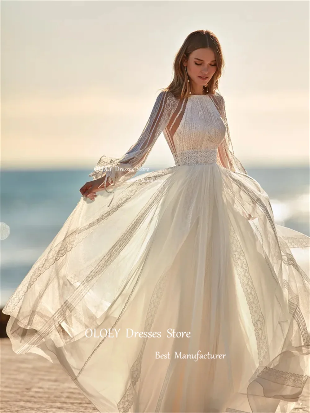 OLOEY Exquisite Lace A Line Wedding Dresses Beach Photoshoot Backless Bridal Gowns Long Sleeves Floor Length Custom Made